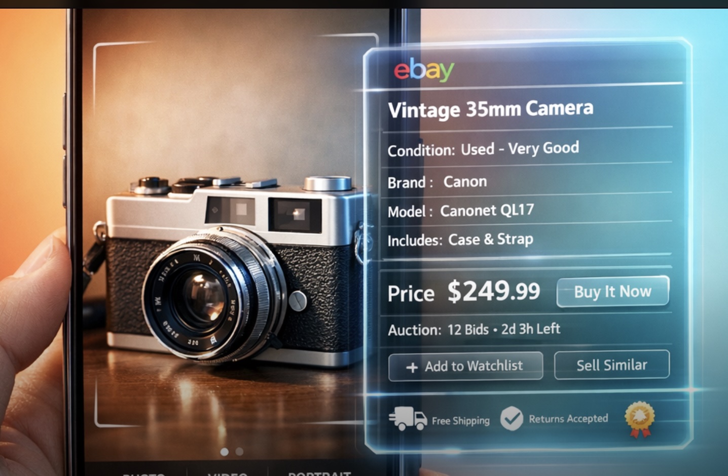 FireKiwi app showing AR interface with eBay listing for vintage camera